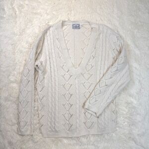 Stratosphere Vintage Sweater Women Medium Cream Cable Knit Deep V-Neck Grandma